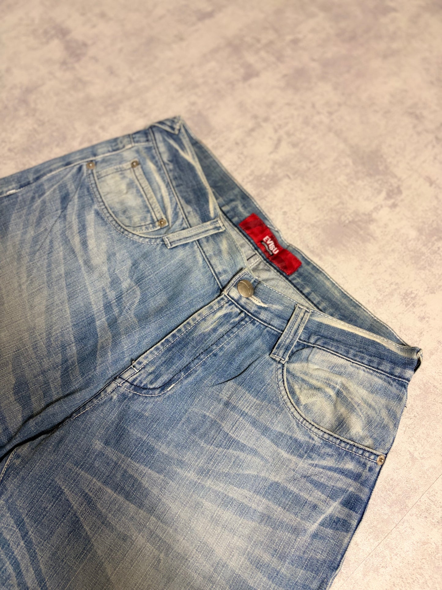 Vintage Evisu Blue Washed Straight Flared Fit Jeans with Rare Print (M)