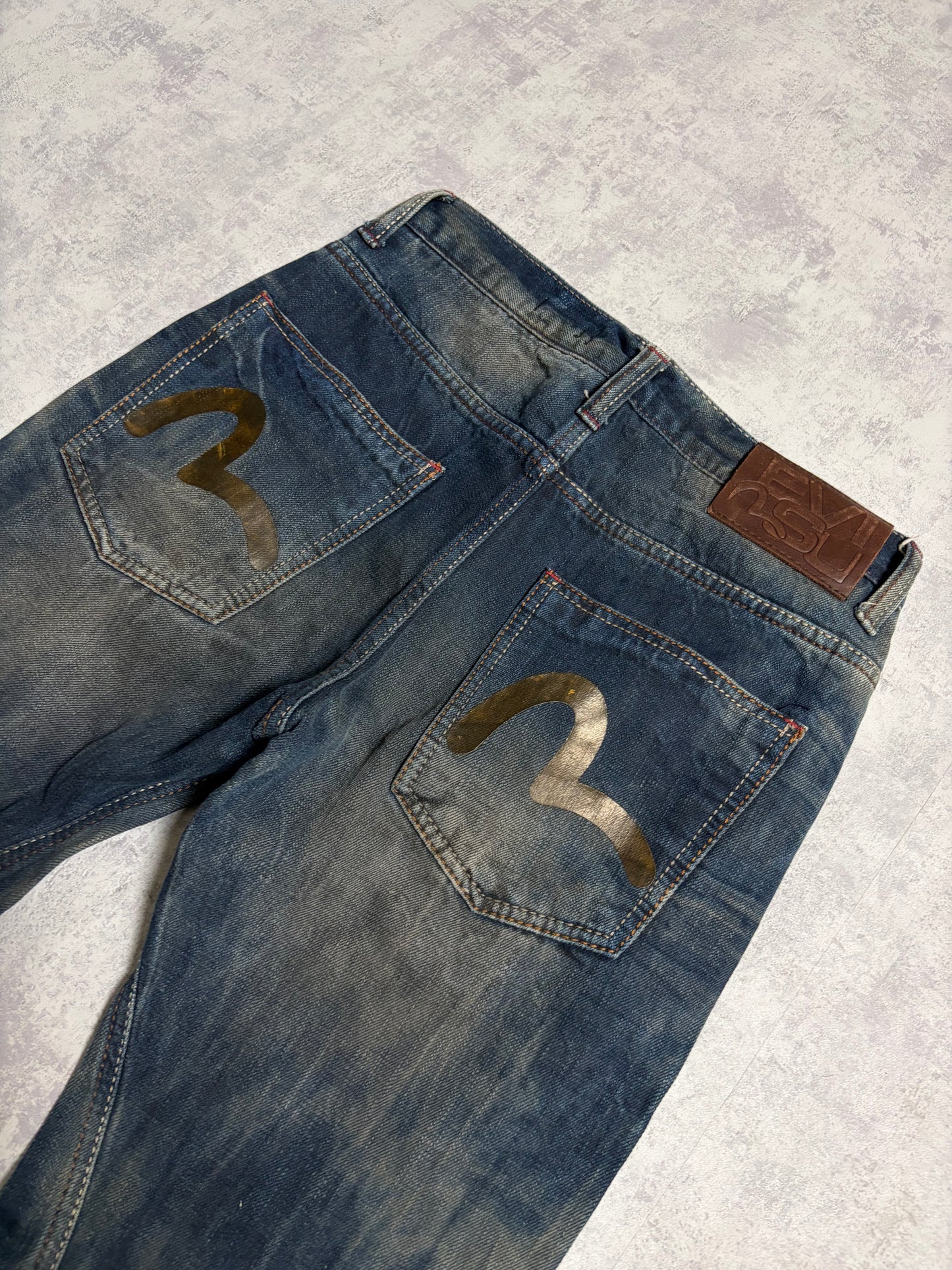 Vintage Evisu Blue Washed Straight Fit Jeans with Seagull Print (S/M)