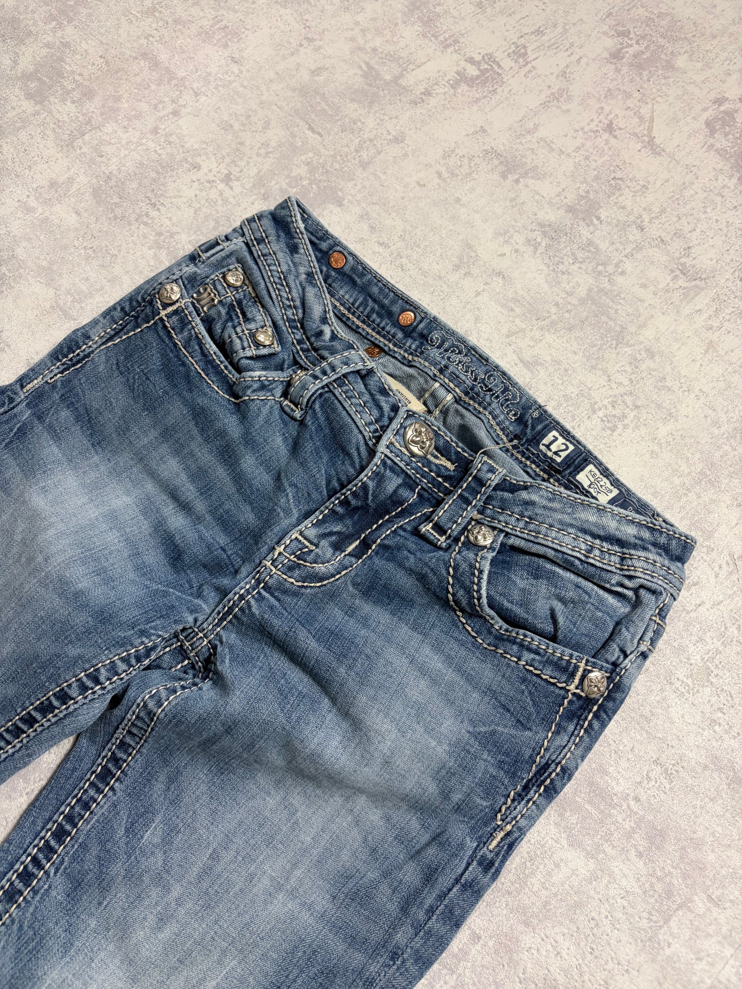 Miss Me Y2K Low Waist Embroidery Bootcut Slim Jeans (XXS)