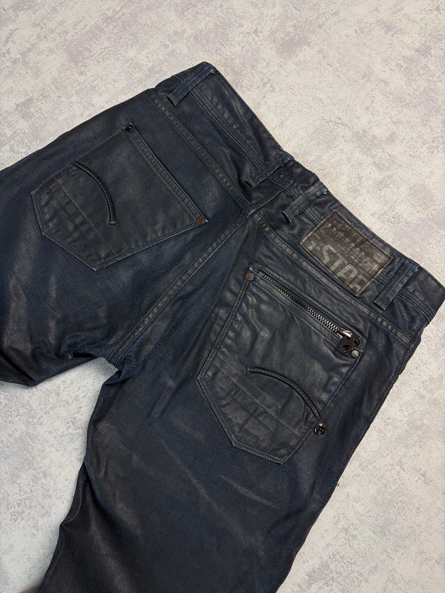 Vintage G-Star Straight Fit Jeans Waxed Look Black Denim (M)