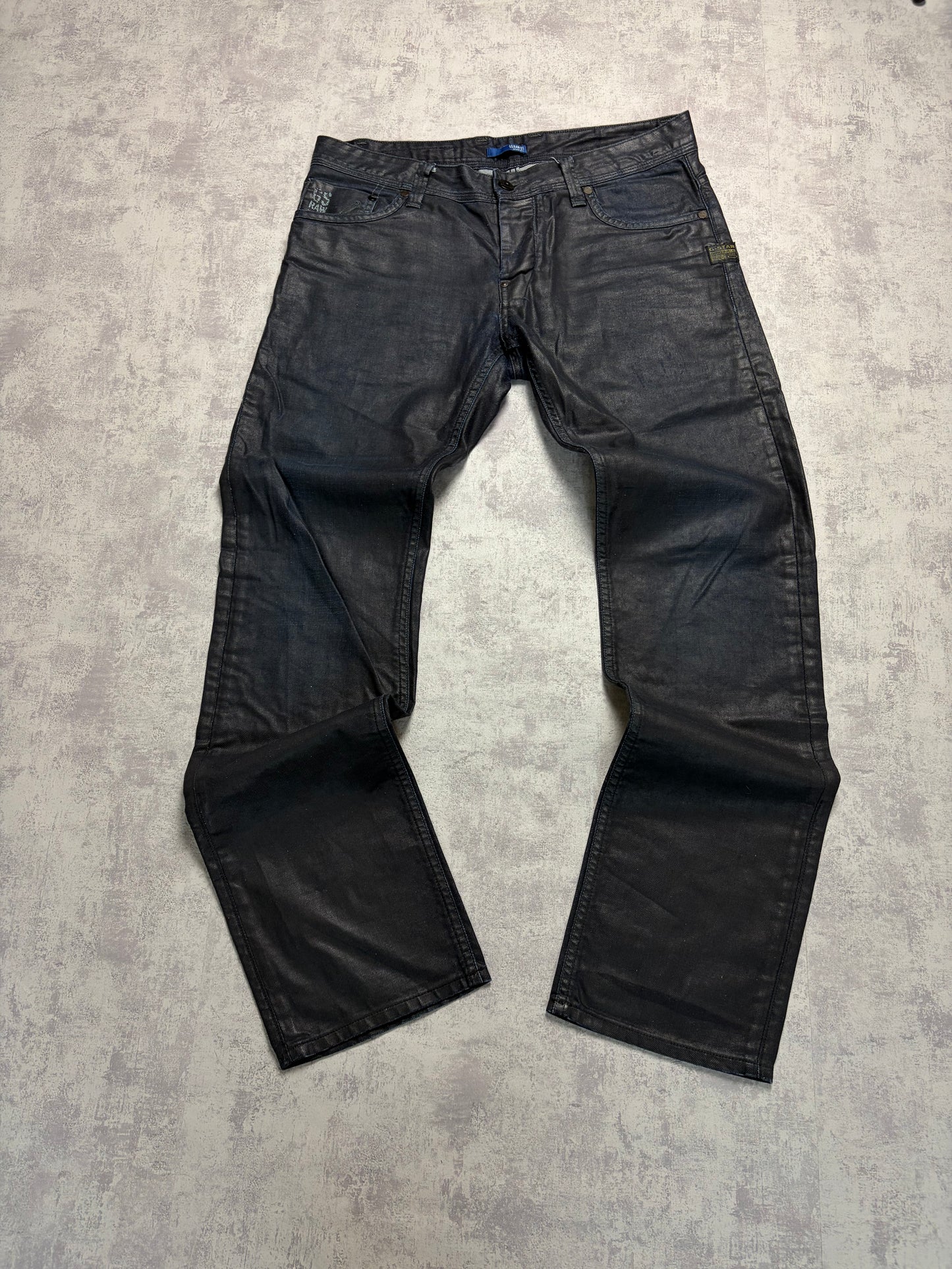 Vintage G-Star Straight Fit Jeans Waxed Look Black Denim (M)