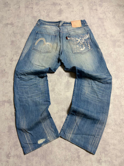 Vintage Evisu Blue Washed Straight Flared Fit Jeans with Rare Print (M)