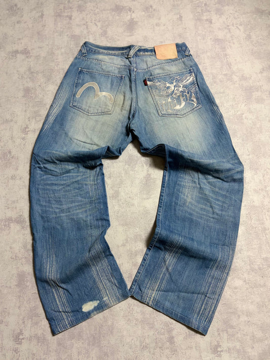 Vintage Evisu Blue Washed Straight Flared Fit Jeans with Rare Print (M)