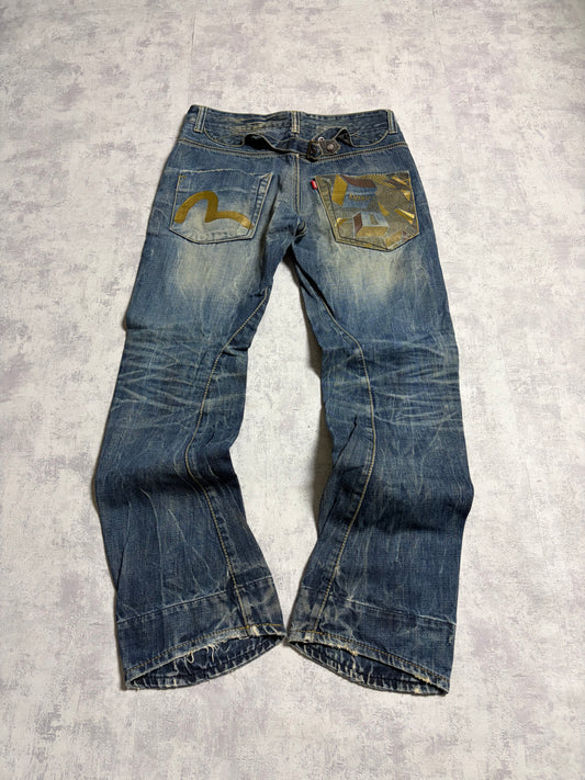 Vintage Evisu Blue Washed Straight Flared Fit Jeans with Backprint (M)