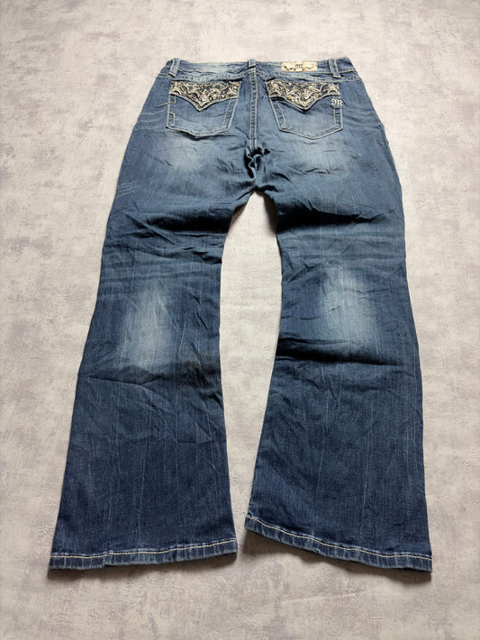 Miss Me Y2K Low Waist Embroidery Ripped Bootcut Jeans (M)