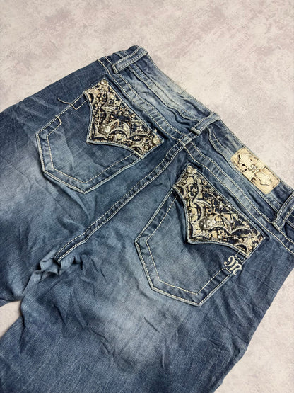 Miss Me Y2K Low Waist Embroidery Ripped Bootcut Jeans (M)