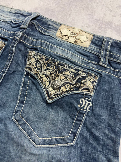Miss Me Y2K Low Waist Embroidery Ripped Bootcut Jeans (M)