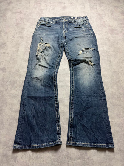 Miss Me Y2K Low Waist Embroidery Ripped Bootcut Jeans (M)