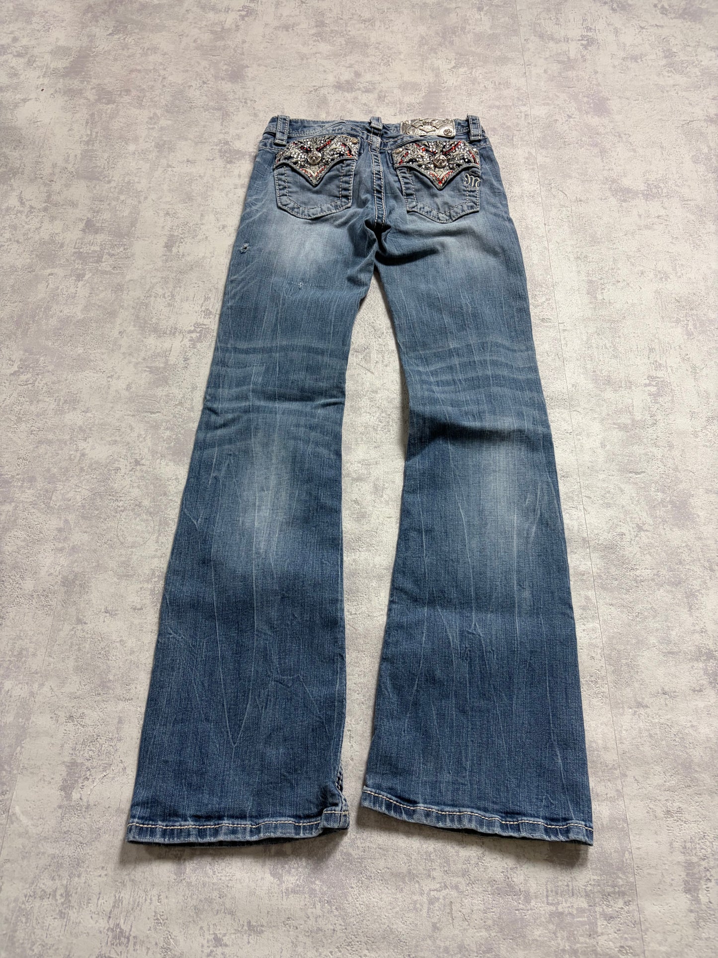 Miss Me Y2K Low Waist Embroidery Bootcut Slim Jeans (XXS)