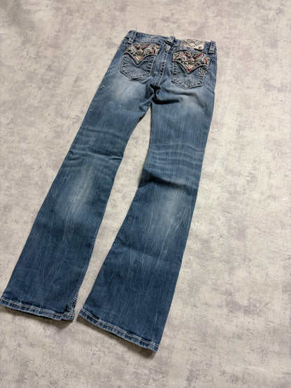 Miss Me Y2K Low Waist Embroidery Bootcut Slim Jeans (XXS)